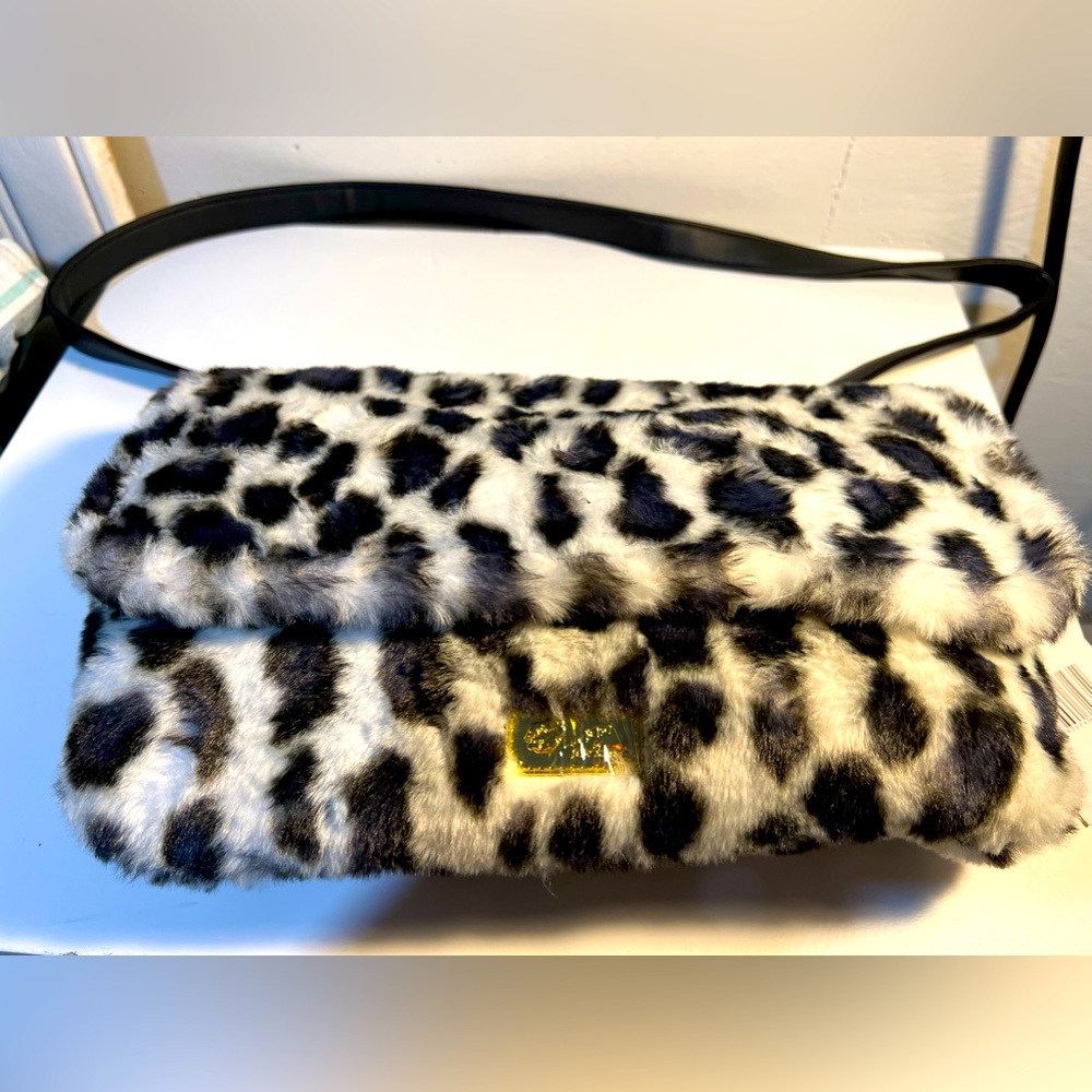 Luv Betsey Betsey Johnson shoulder purse bag NWT faux fur black white leopard